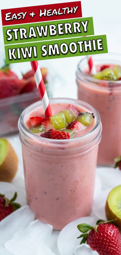 Fresh kiwis and strawberries are placed on the top of the smoothie.