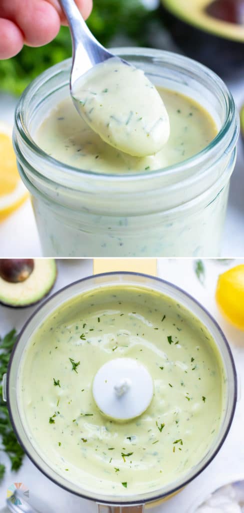 A jar of homemade avocado dressing is set on the counter before serving.