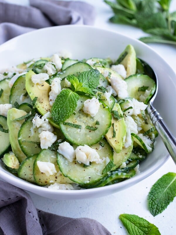 Cucumber crab salad is served for a low-carb, paleo salad.