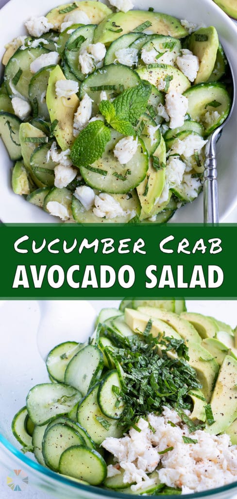 Cucumber crab salad is made in a glass bowl for a low-carb recipe.