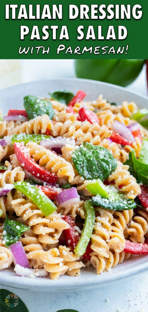 A bowl of Italian Pasta Salad is served with a spoon for a picnic side dish.