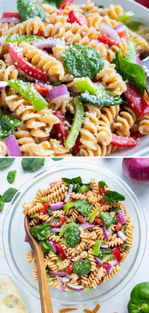 A close-up pictures of noodles, spinach, and peppers is shown for this recipe.