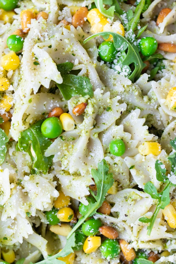Bowtie pesto pasta is loaded with healthy ingredients like peas and arugula.