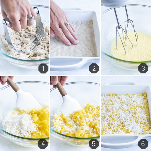 Instructional pictures show how to make piña colada bars.