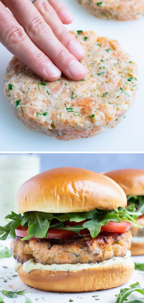 Two salmon burgers are shown loaded with lettuce, tomato, and homemade avocado ranch.