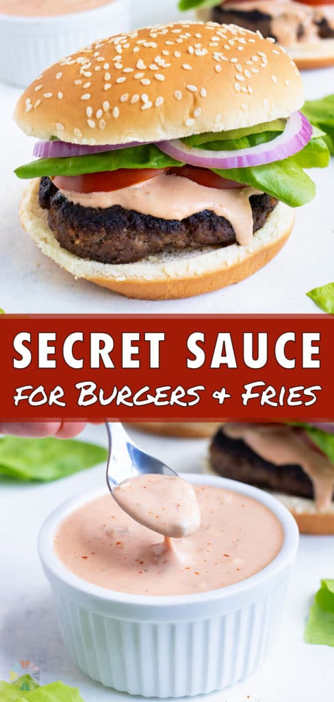 Special sauce is served by a spoon onto hamburgers.