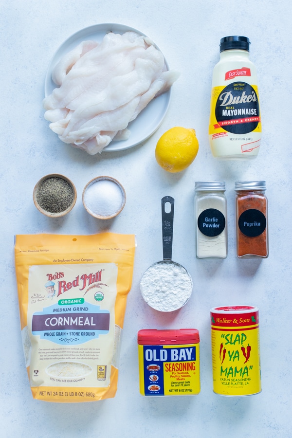 White fish fillets, cornmeal, mayonnaise, gredients for this air fryer fish recipe.