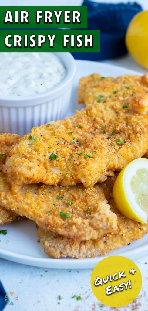 A few air fryer fish are shown on a white plate.