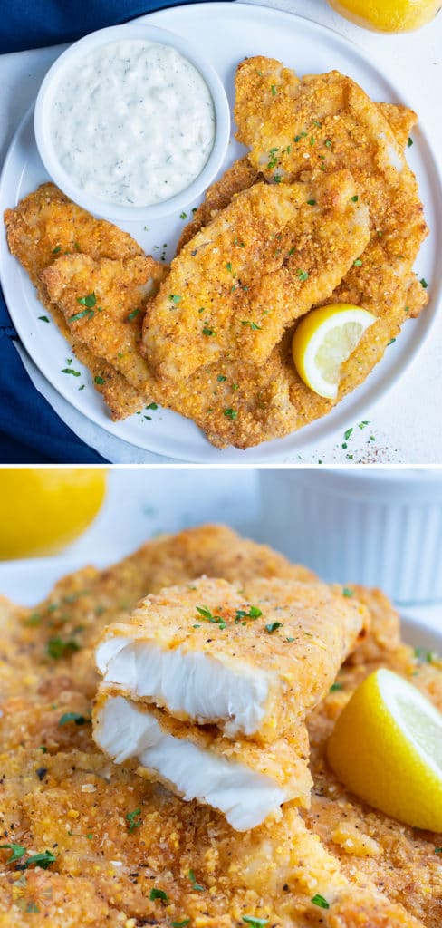 Healthy air fryer fish is plated with fresh lemons and tartar sauce.