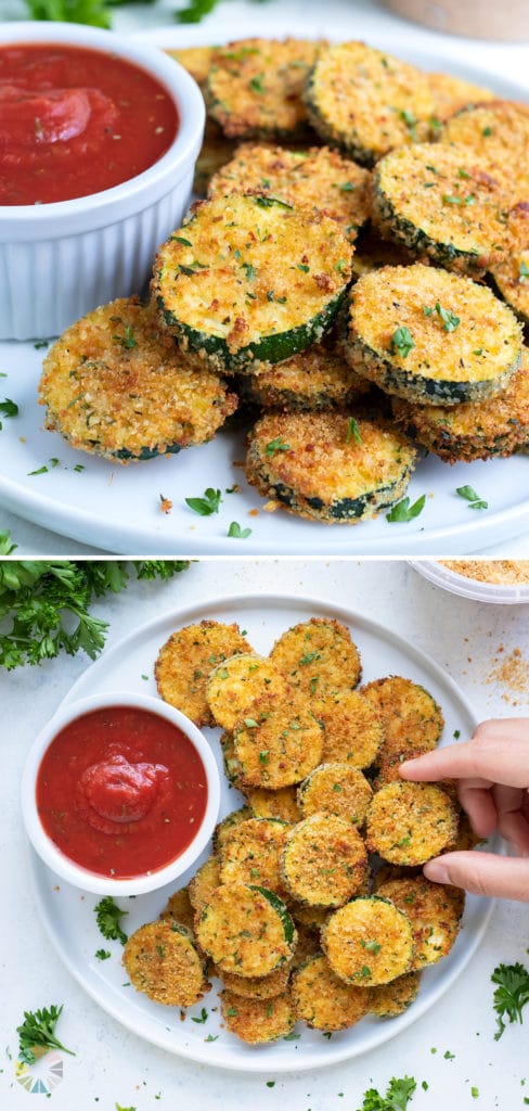 Zucchini chips fried in the air fryer for a healthy snack or appetizer.