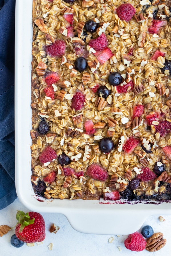 The berry oatmeal is baked in the oven until perfectly brown on top.
