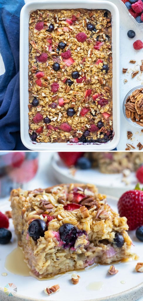 Gluten-free baked oatmeal is cooked until golden brown on top.