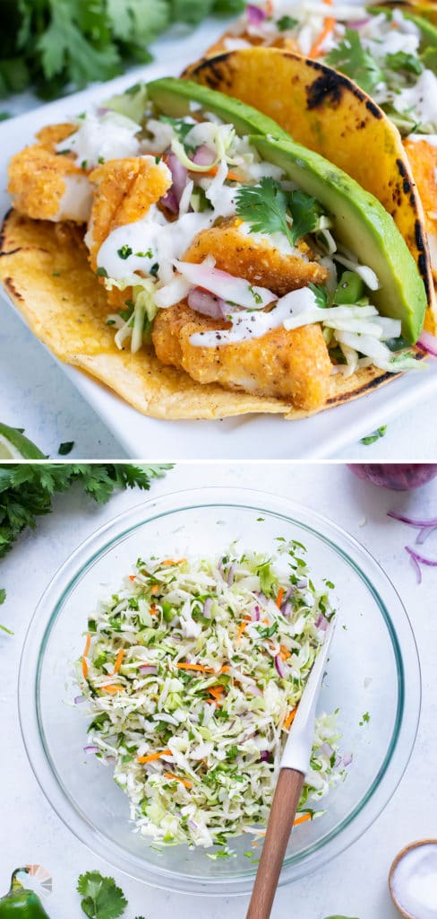 Taco slaw is made in a glass bowl and combined with a spatula.