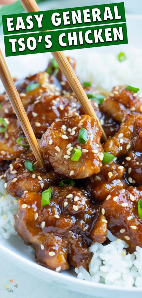 General Tao Chicken is eaten with chopsticks and white rice.