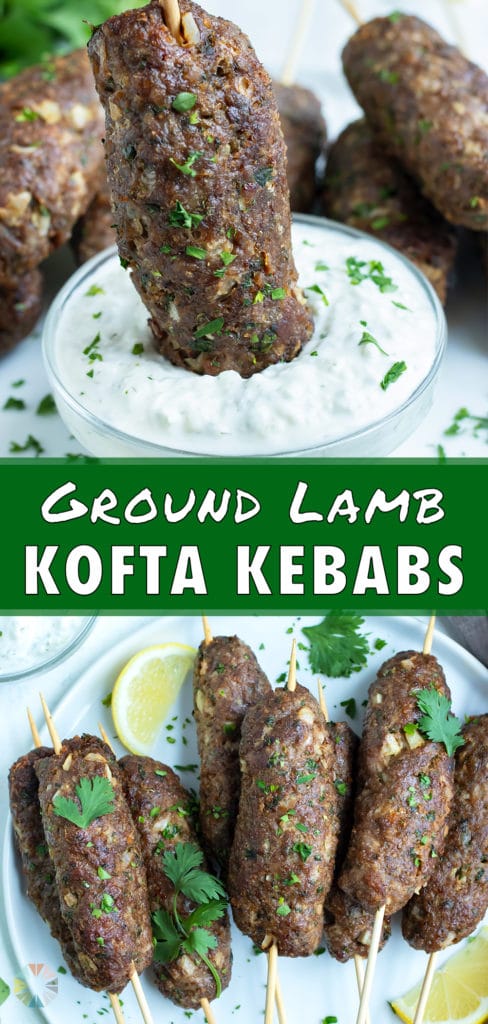 An overhead picture shows a pile of Lamb Kofta Kebabs on a plate.