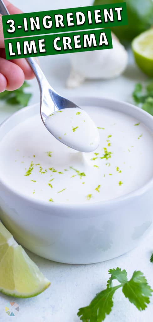 A spoon is used to serve this homemade lime crema.