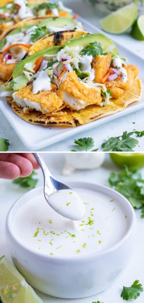 A bowl of lime crema is used as a taco sauce.