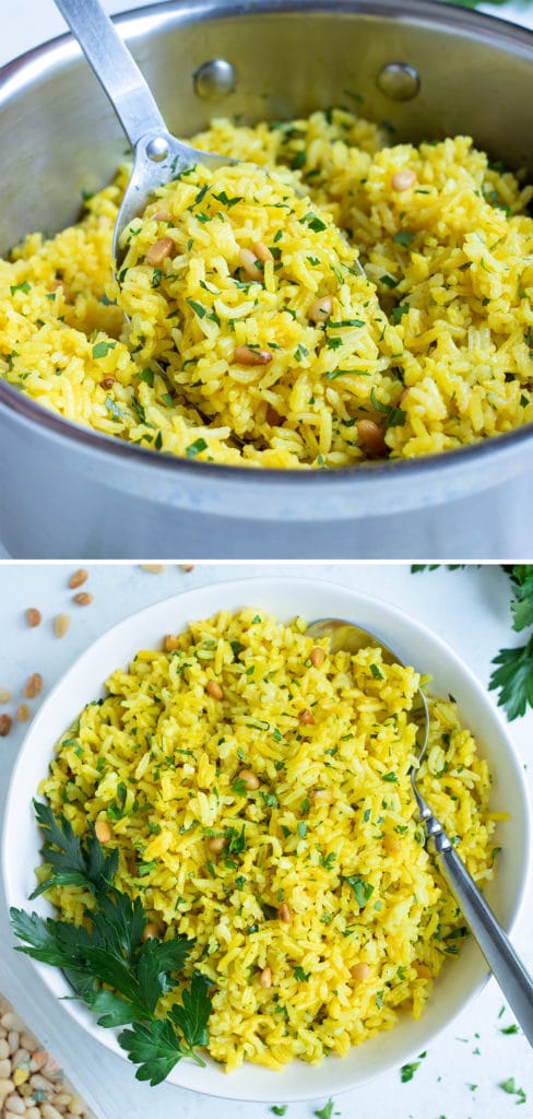 Yellow rice is served with a metal spoon.