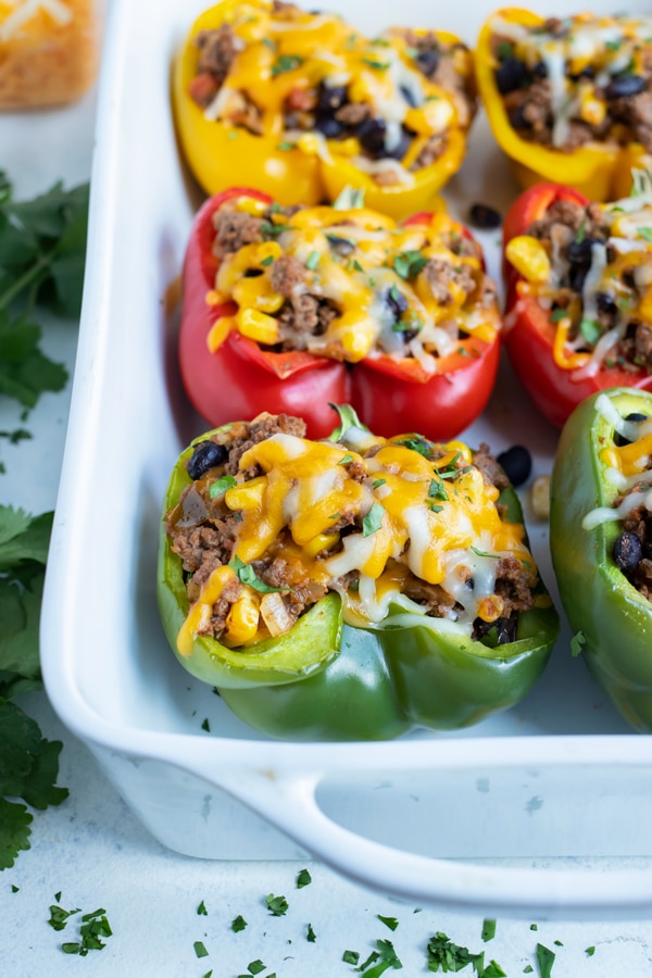 The baked bell peppers are served for a low-carb recipe.