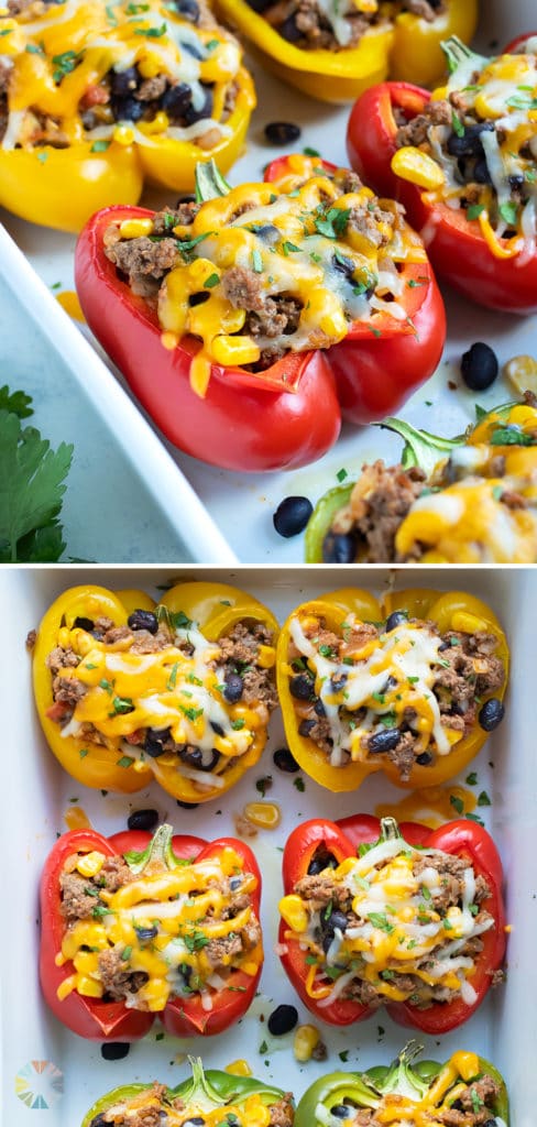 Taco stuffed bell peppers are served on a plate.