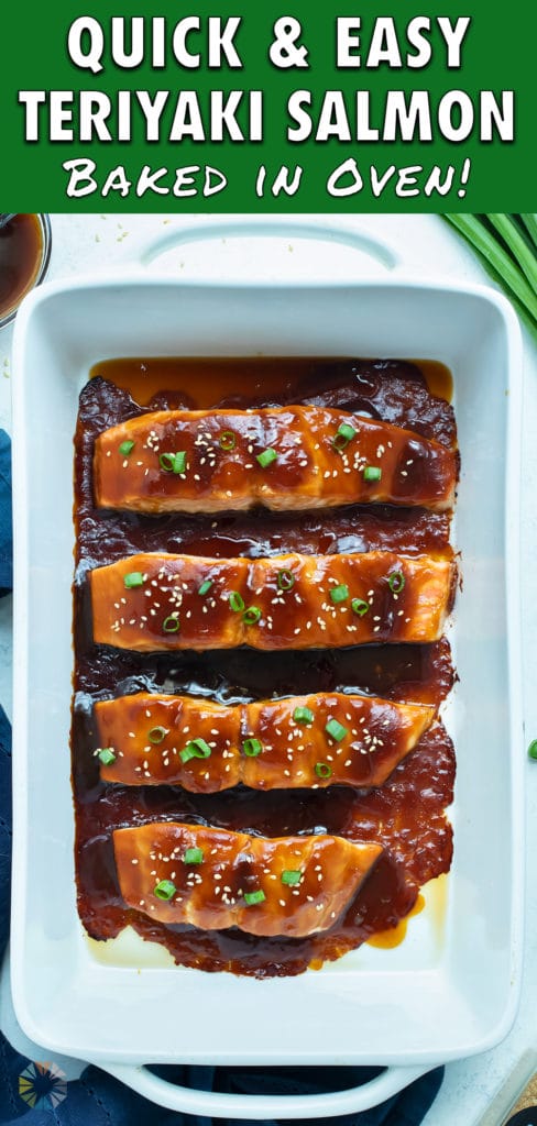 Oven baked teriyaki salmon is served for dinner from a white baking dish.