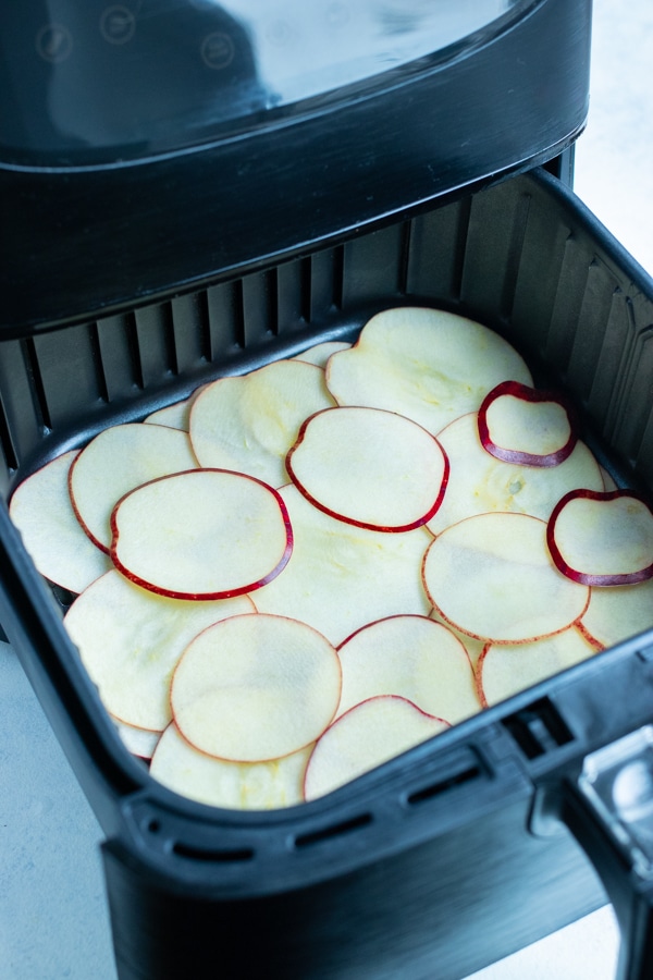 All the apple slices are laid in one layer in the air fryer.