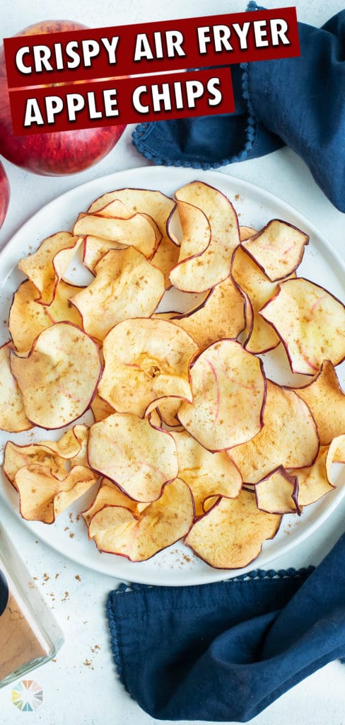 An overhead shot shows the plate of apple chips on the counter.