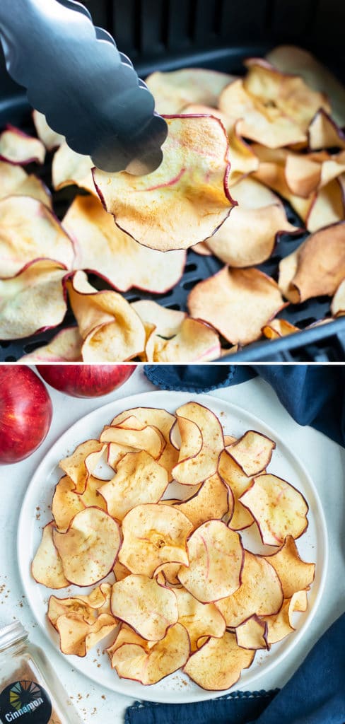 A full plate of air fryer apple chips is shown on the counter next to raw apples.