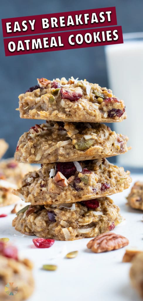 Oatmeal breakfast cookies are stacked on top of each other.