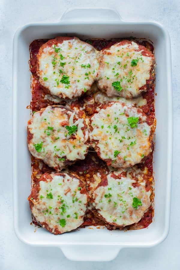 The eggplant parmesan is baked in the oven.
