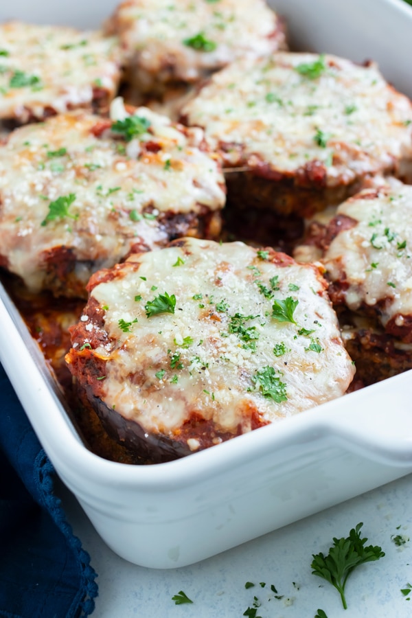 Italian eggplant parmesan is served for a meatless meal.