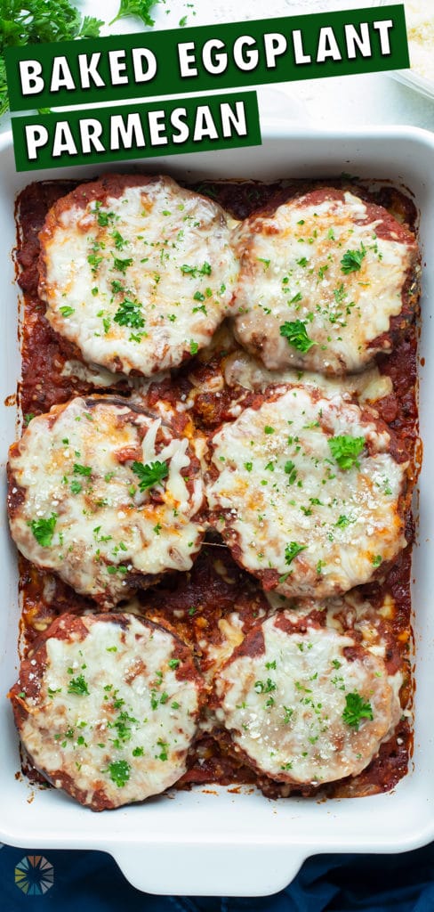 Vegetarian eggplant parmesan is served for a healthy dinner option.