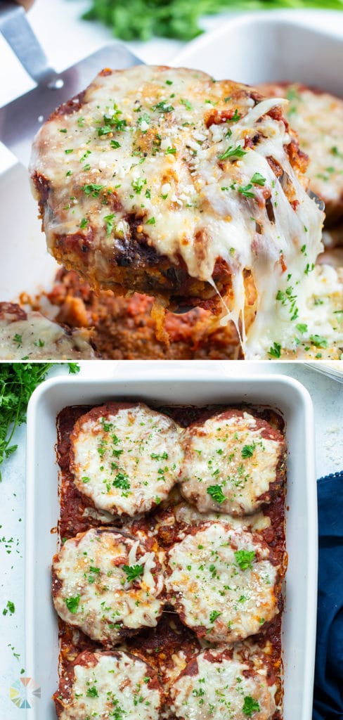 Cheesy eggplant parmesan is shown in the baking dish.