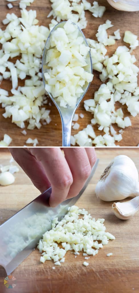 A spoon is used to hold the minced garlic.