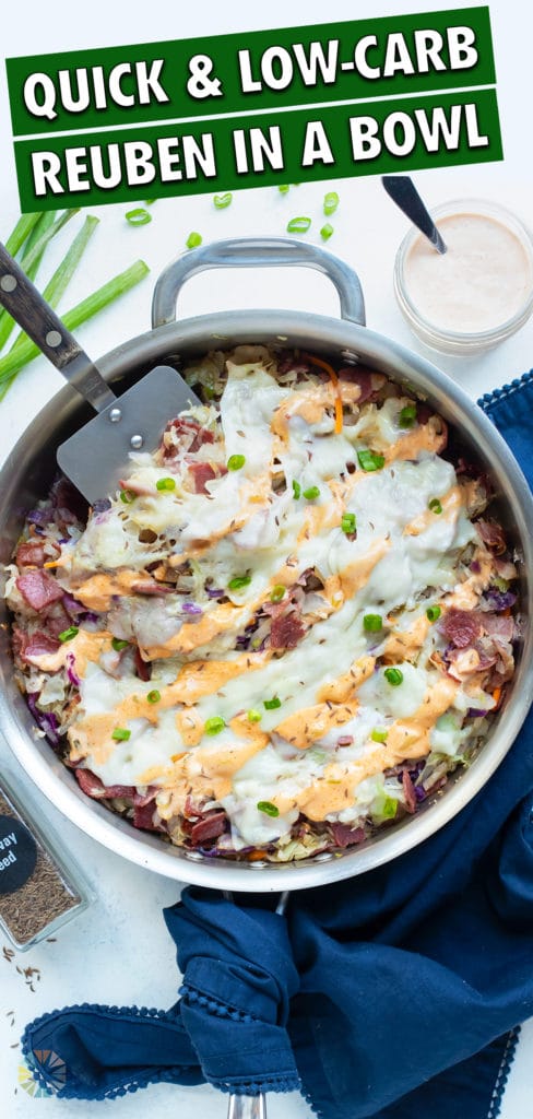 Low-carb reuben in a bowl is served from a skillet with a spatula.