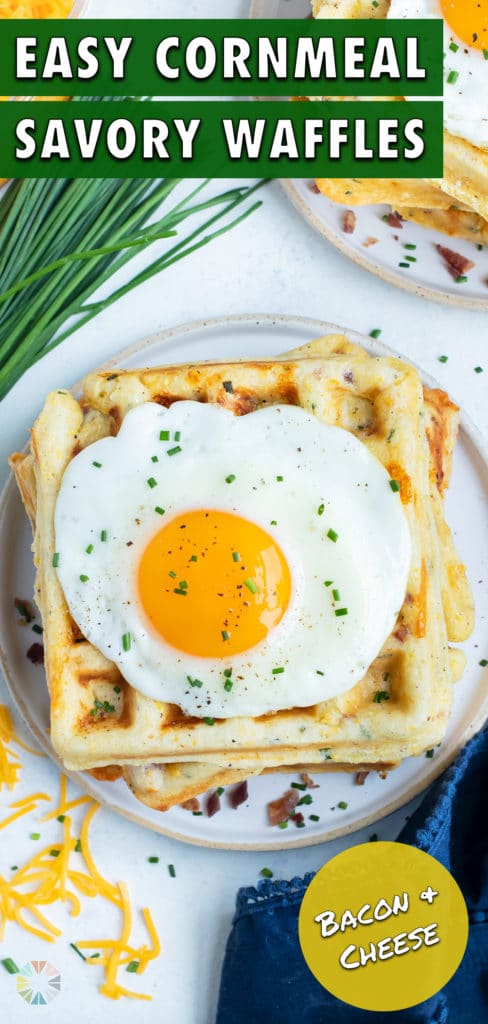 Waffles are served with maple syrup and eggs for a sweet and savory meal.