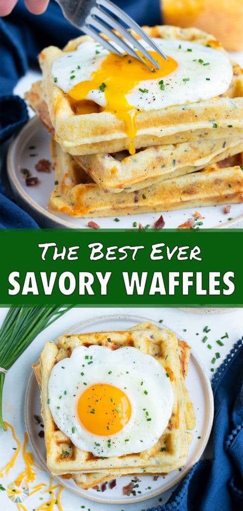 Waffles and eggs are plated for a savory breakfast dish.