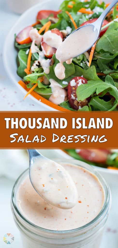 Homemade thousand island dressing is spooned over a green salad.