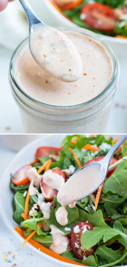 Thousand island dressing is drizzled over a bowl of salad.