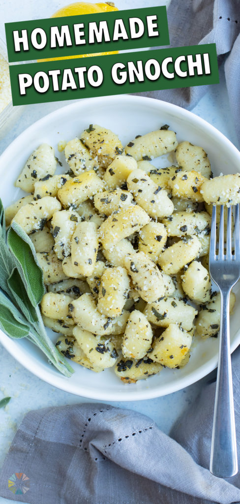 A white bowl is filled with homemade gnocchi.