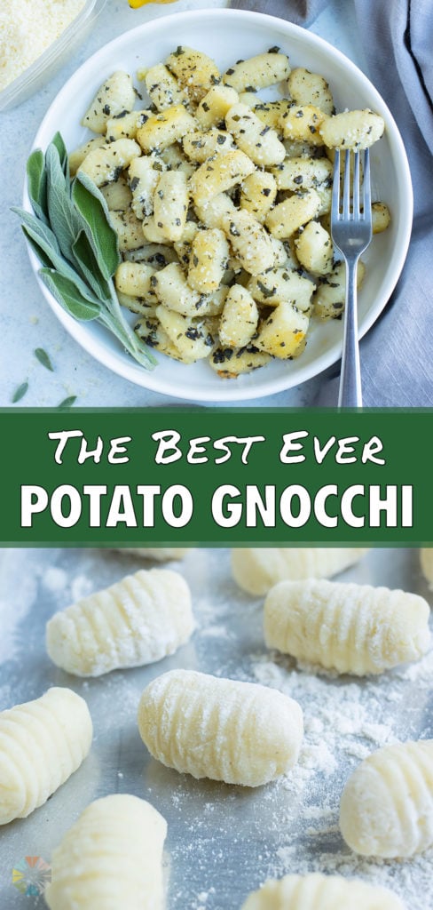An overhead shot is used to show gnocchi in a white bowl.