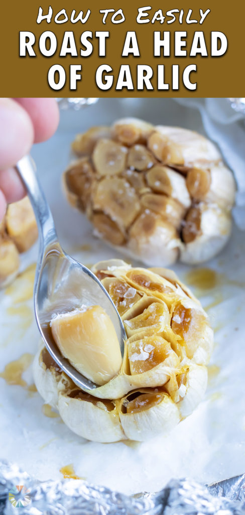 Roasted garlic cloves are removed with a spoon.