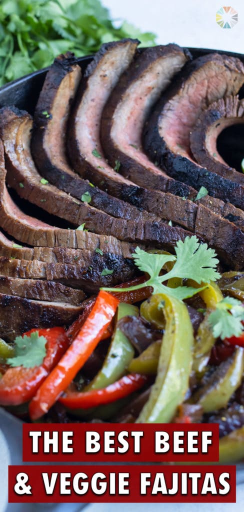 Easy steak fajitas are served from a cast iron skillet.