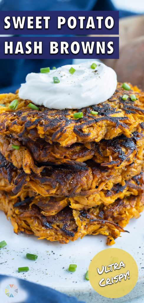 Sweet potato hash browns are plated for a brunch recipe.