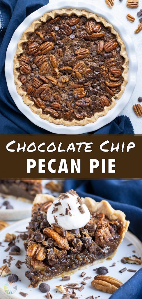 A whole chocolate pecan pie is shown on the counter.