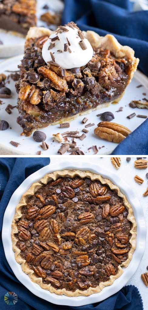Pie is set on the counter next to pecans and chocolate chips.