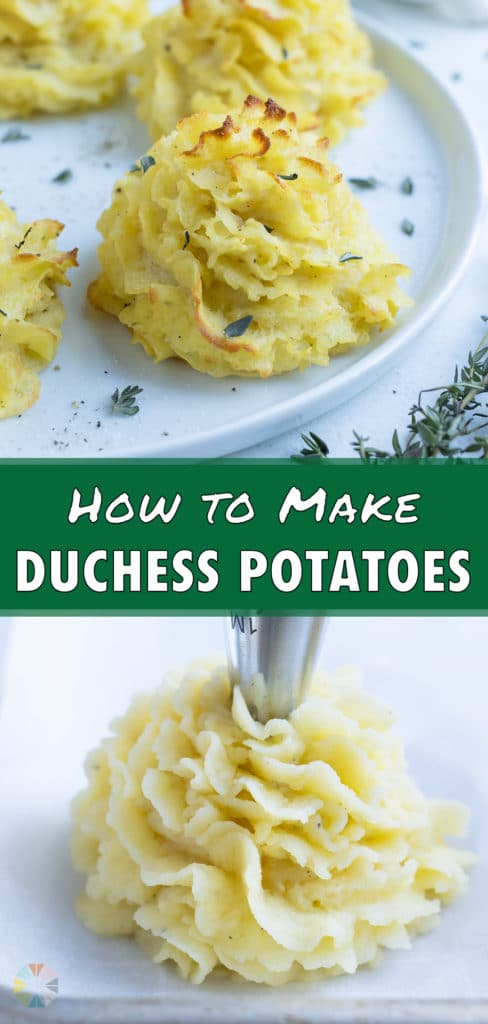 Duchess potatoes are piped with a pastry bag.