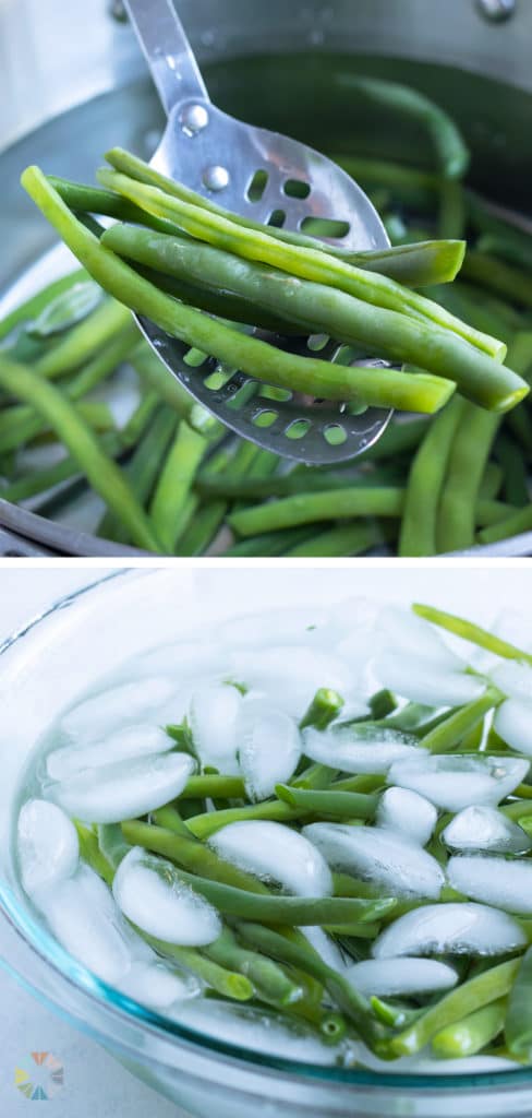 Boiled green beans are placed in an ice water bath.
