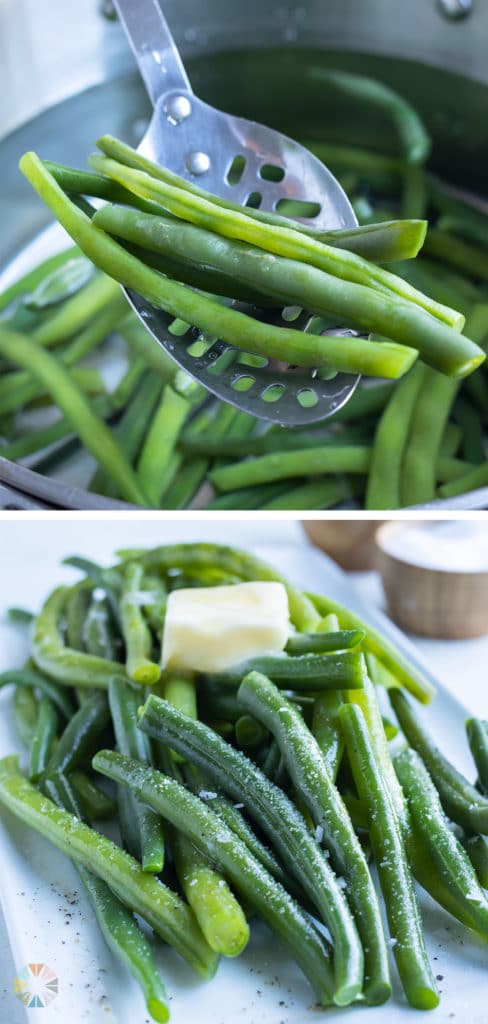 Boiled green beans shown on a plate with butter, salt, and pepper.