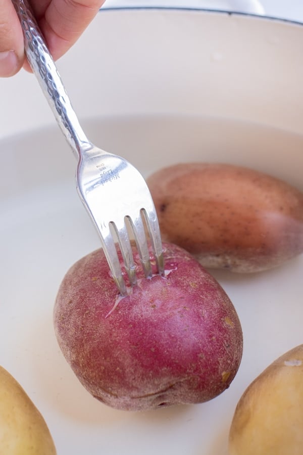 A fork is used to test how soft the red potato is while boiling.